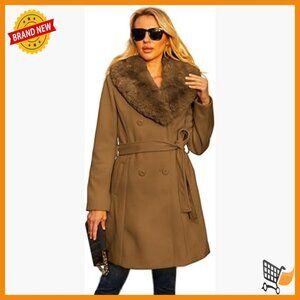 Long Faux Leather Pea Coat Winter Trench Coat Double Breasted Wrap Style